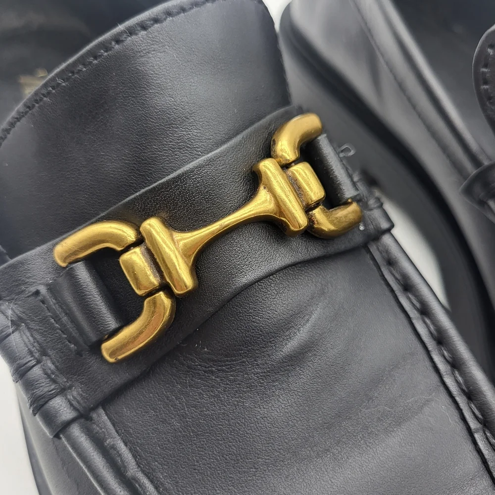 Zara Women's Black Leather Loafers with Gold Detail - Picture 3 of 10